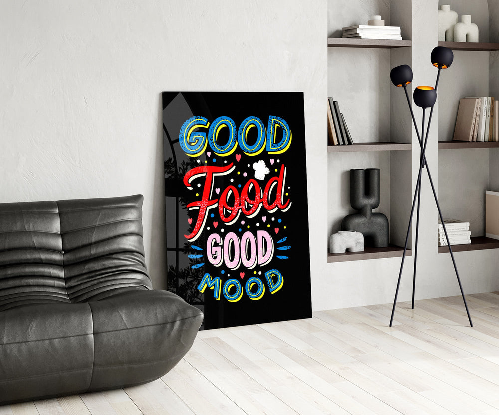 Cobalt-scarlet typography cinematic glass wall art over modern dining sideboard