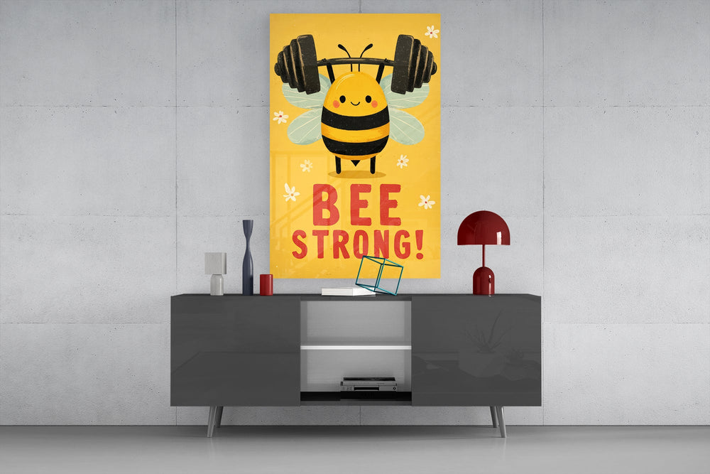 Motivational kawaii cinematic glass wall art in light-filled atelier
