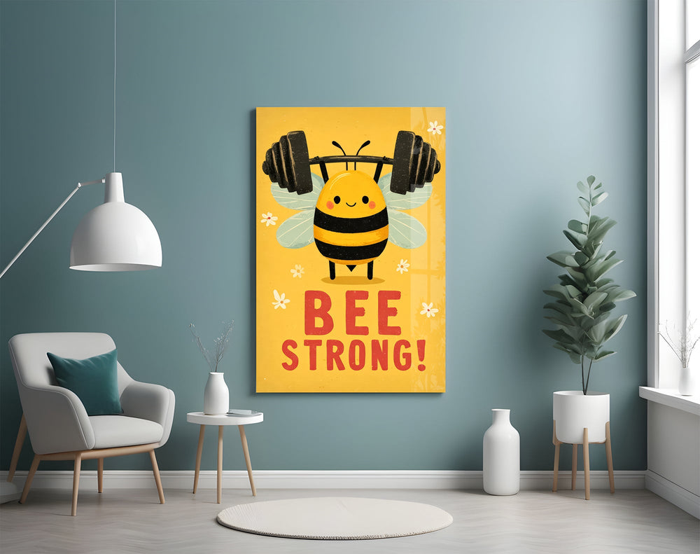 Bee-Strong typography cinematic glass wall art in teen game-room