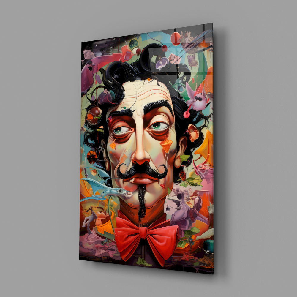 Surrealist pop tribute cinematic glass wall art in art-gallery reception