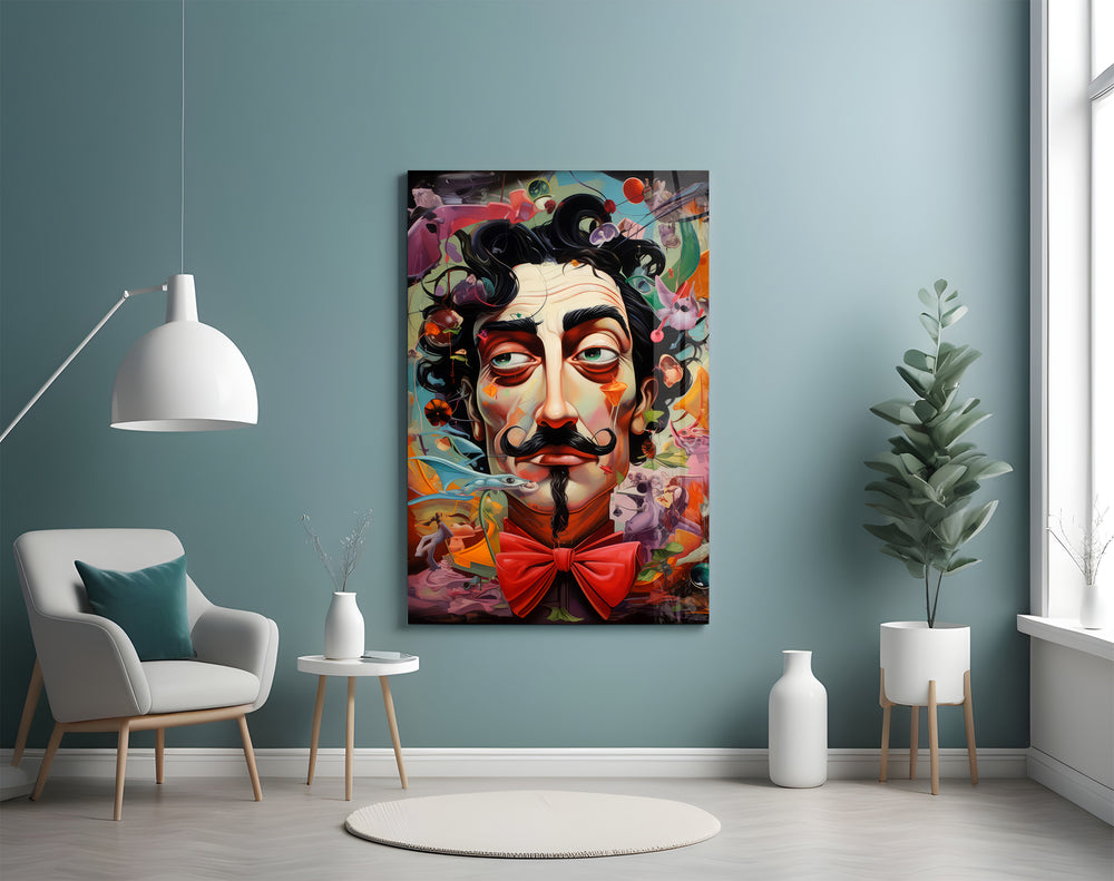 Dream-collage Dalí cinematic glass wall art in poetry-room nook