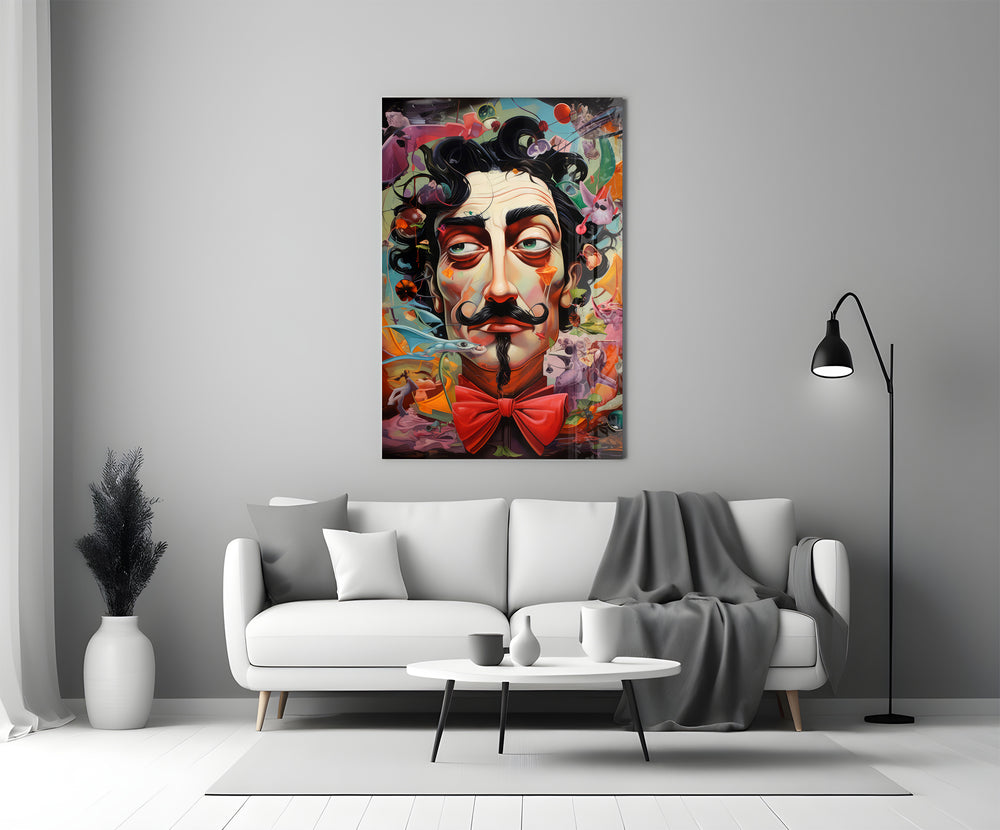Surrealist tribute cinematic glass wall art in heritage stairwell