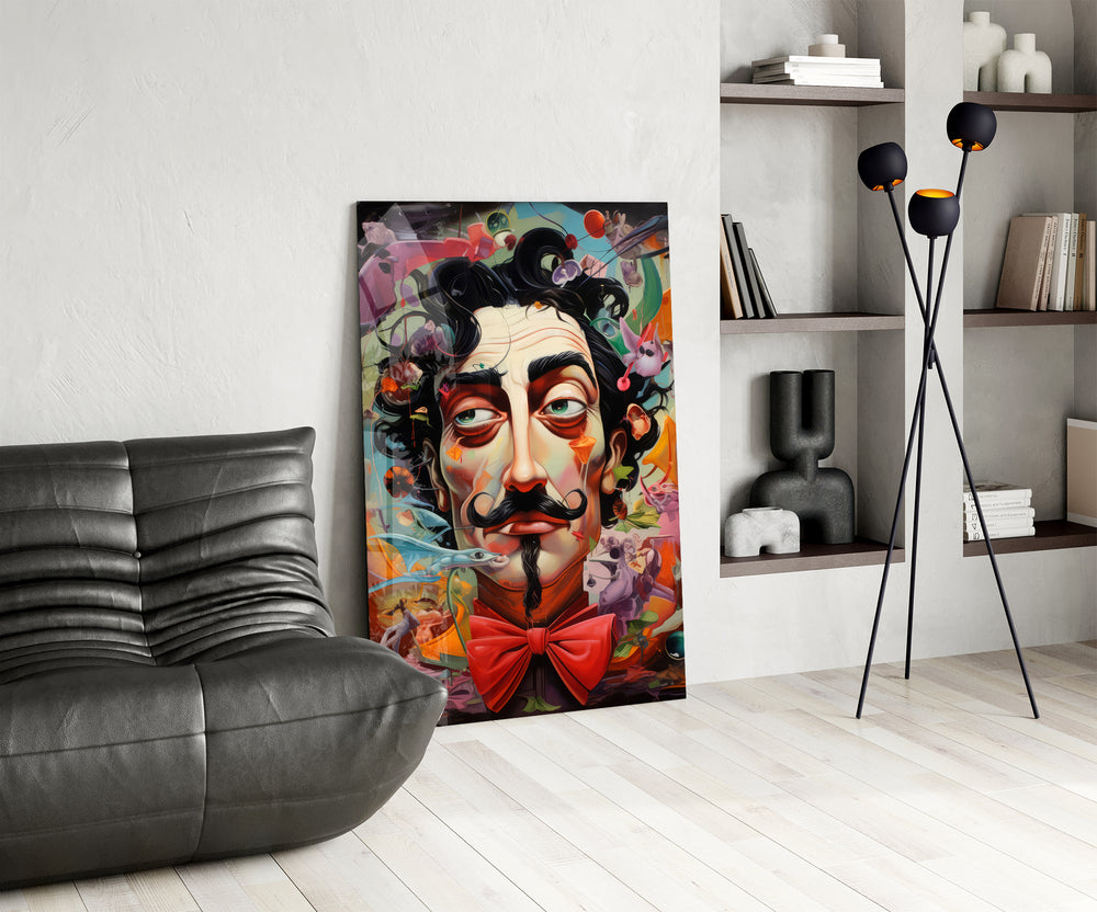 Curled-moustache Dalí cinematic glass wall art over modern dining sideboard