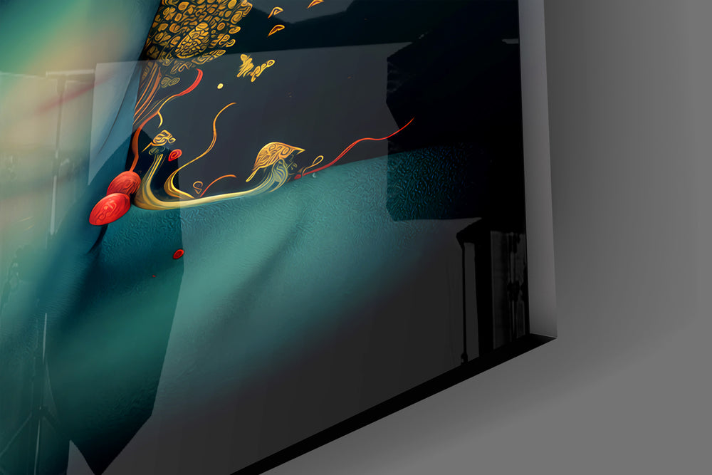 Fungal-floral muse cinematic glass wall art in feminine-luxe boudoir
