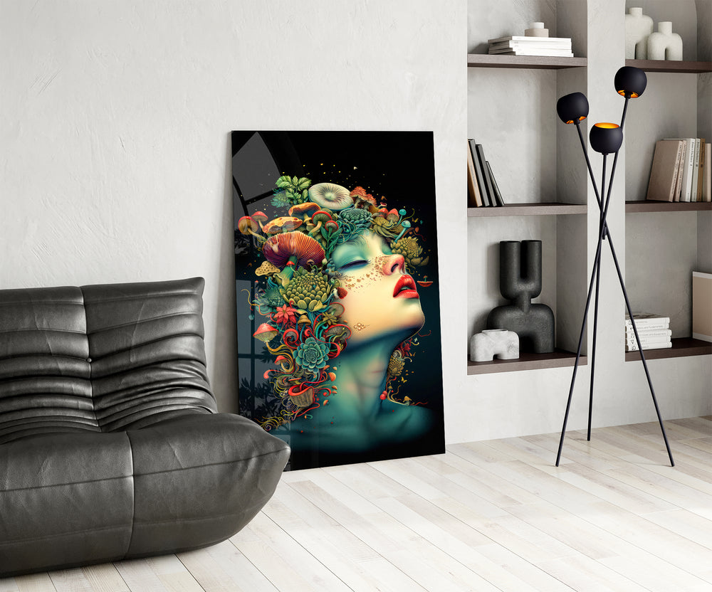 Teal-skin muse cinematic glass wall art over modern dining sideboard