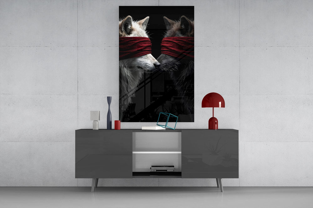 Symbolist wolves cinematic glass wall art in boutique-hotel lounge