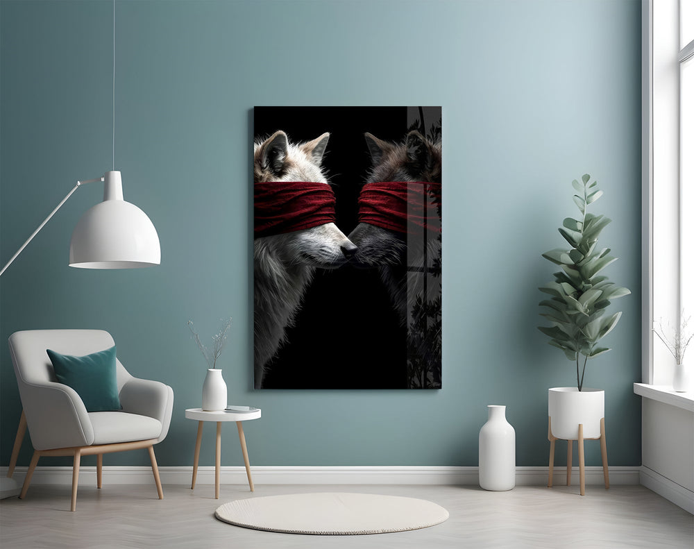 Scarlet-blindfold wolves cinematic glass wall art in poetry-room nook