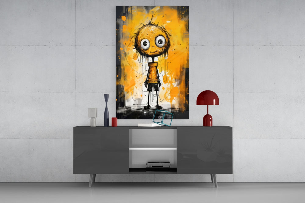 Children's illustration cinematic glass wall art in masculine-luxe study