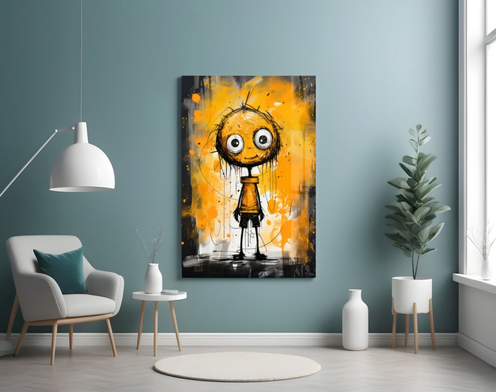 Marigold splatter doodle cinematic glass wall art in tattoo-studio reception