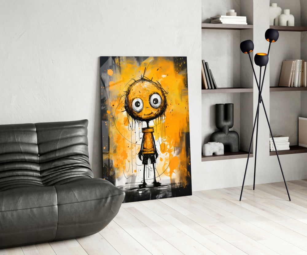 Outsider-art figure cinematic glass wall art over modern dining sideboard