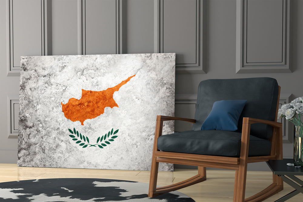 Plaster-grunge flag cinematic glass wall art in boutique cafe