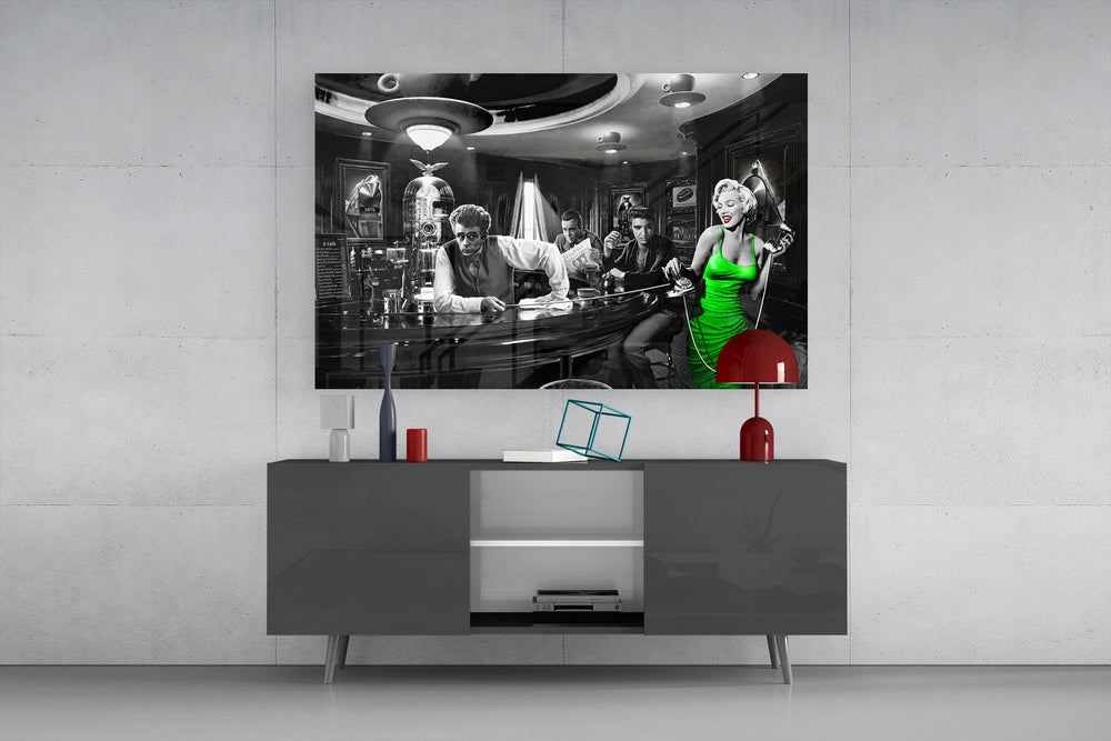 Hollywood icons fantasy cinematic glass wall art in masculine-luxe study