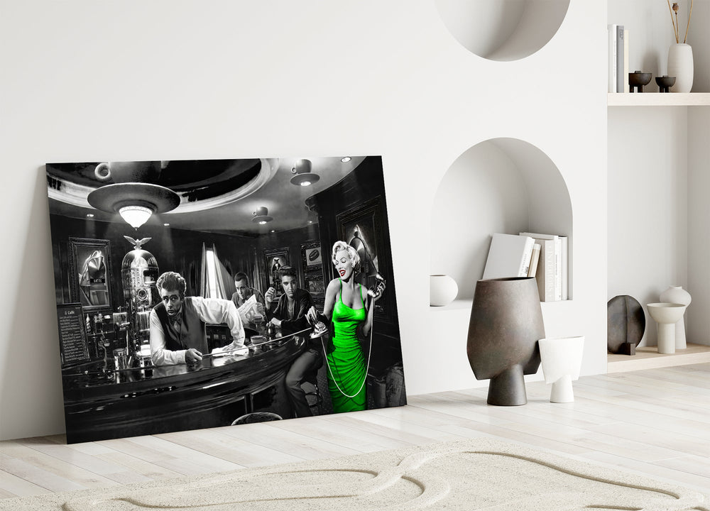 Chris-Consani-style cinematic glass wall art in heritage stairwell