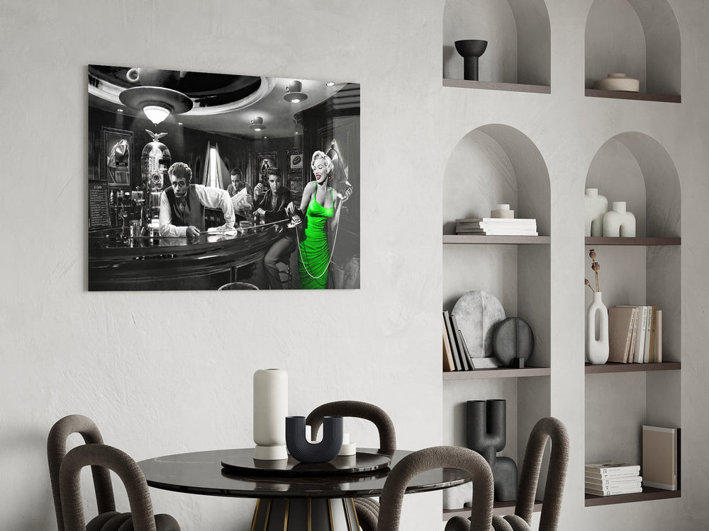 Selective-color diner cinematic glass wall art over modern bar console