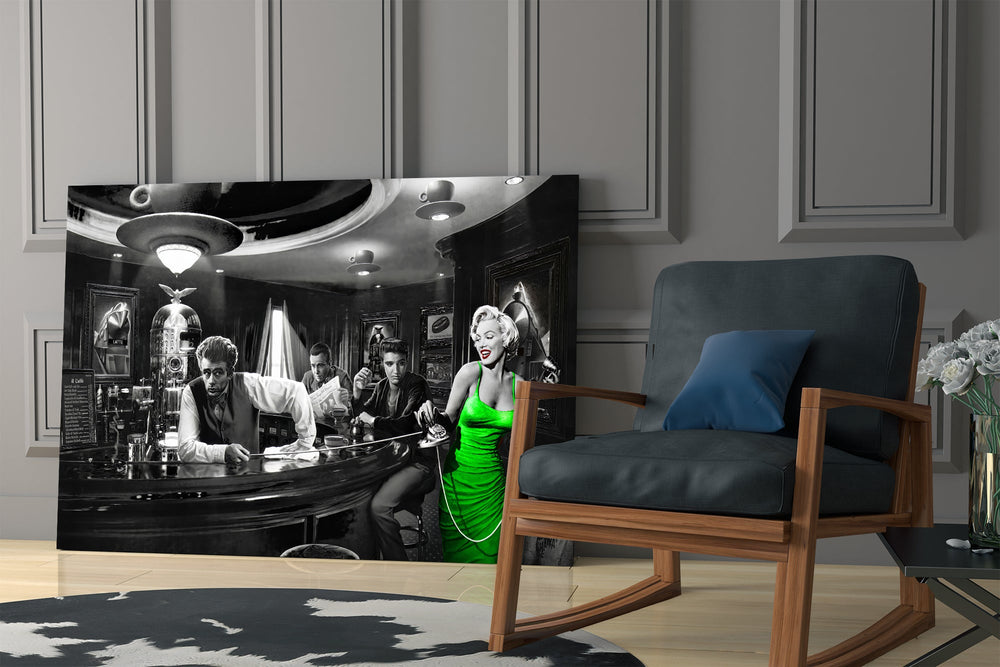 Retro Hollywood cinematic glass wall art in private library reading nook