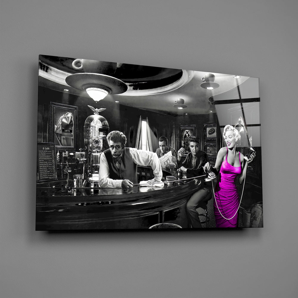 50s icons selective color cinematic glass wall art in film-screening room