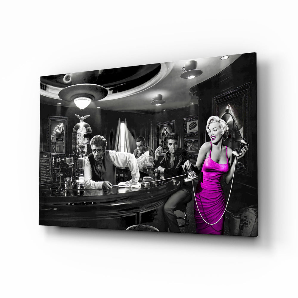 Hollywood Cafe marigold Marilyn cinematic glass wall art over walnut console in designer cigar lounge
