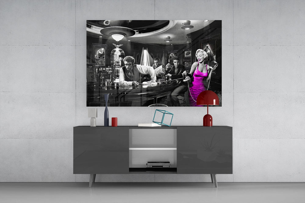 Hollywood icons fantasy cinematic glass wall art in masculine-luxe study