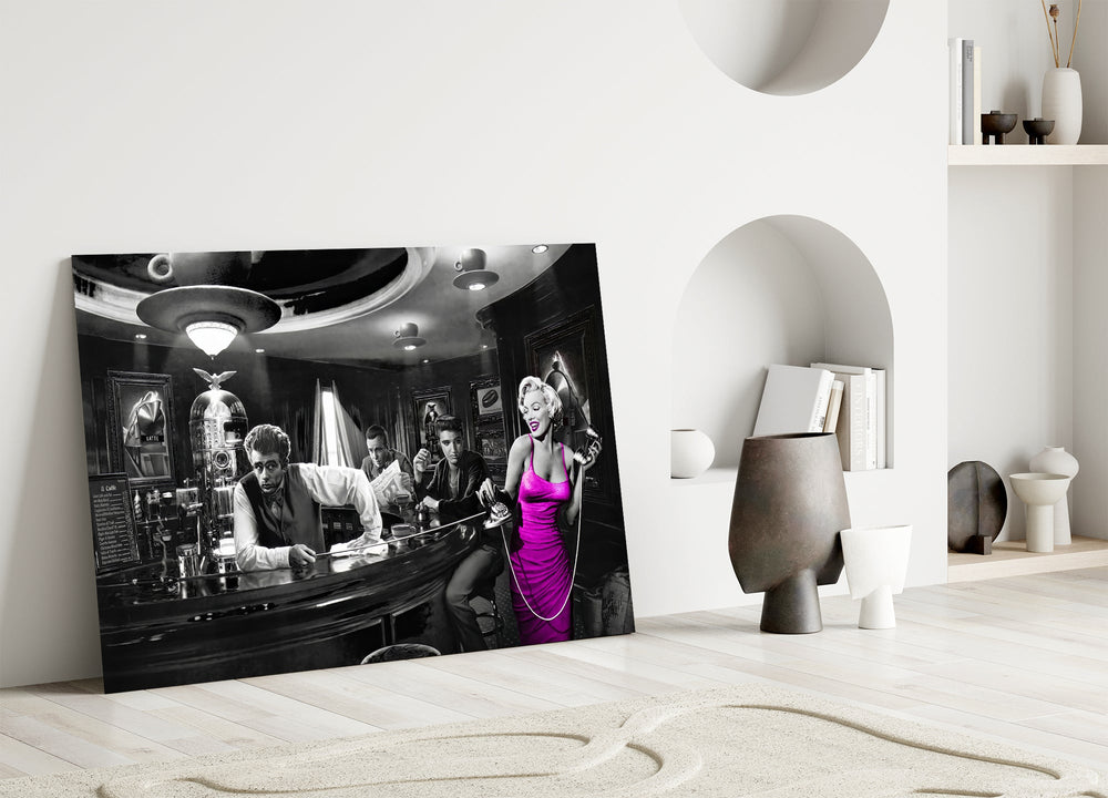Chris-Consani-style cinematic glass wall art in heritage stairwell