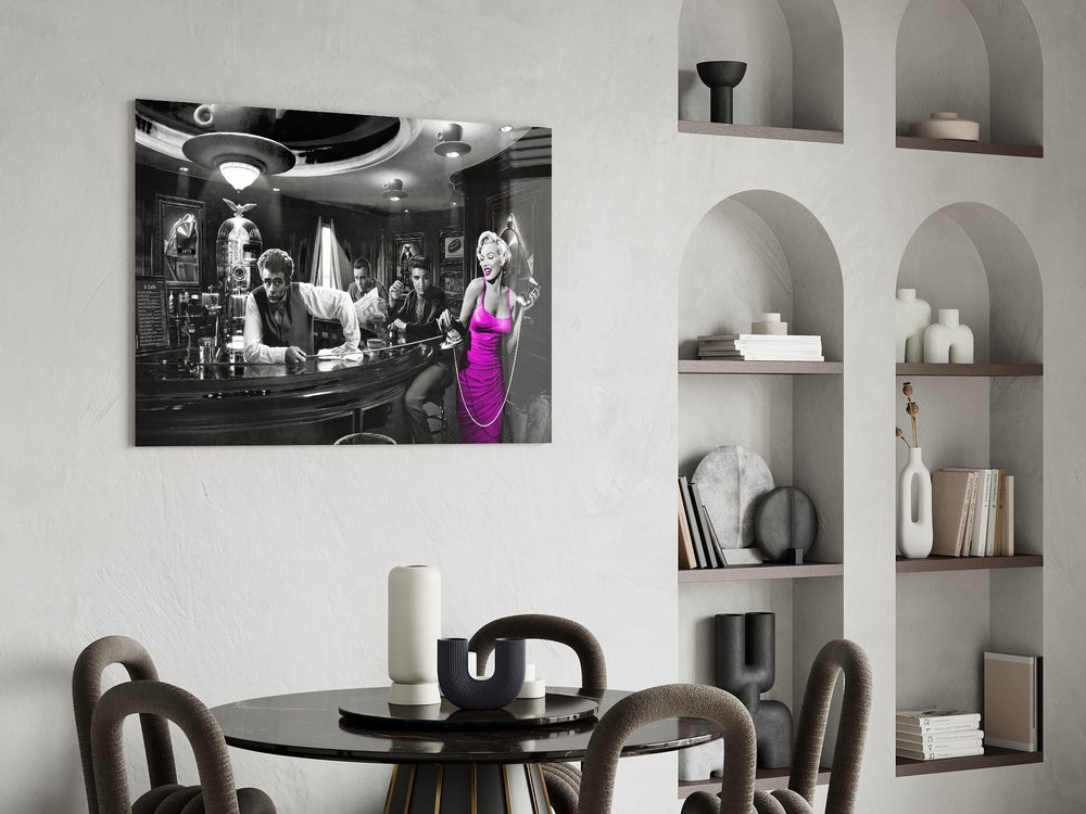 Selective-color diner cinematic glass wall art over modern bar console