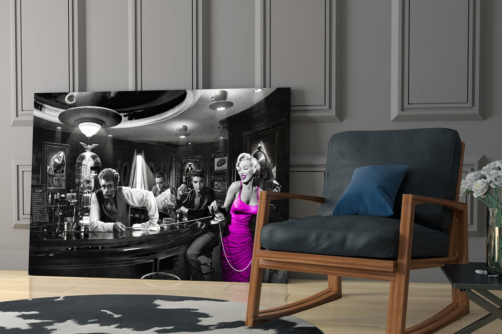 Retro Hollywood cinematic glass wall art in private library reading nook