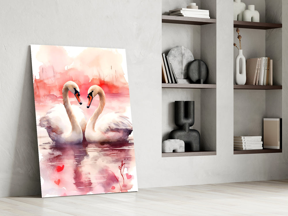 Watercolor swans cinematic glass wall art in private library reading nook