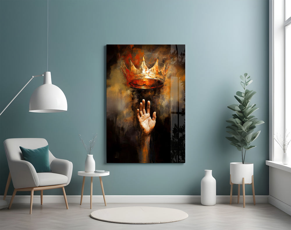 Reach-for-crown cinematic glass wall art in corporate boardroom