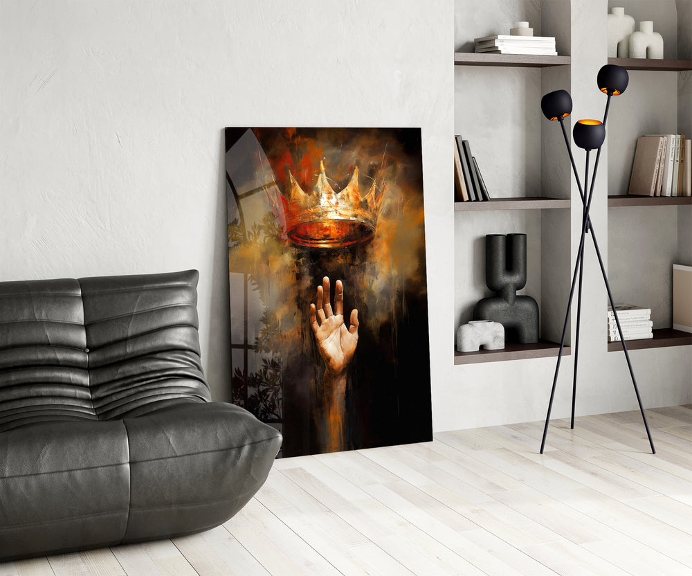 Ember-spark crown cinematic glass wall art over modern dining sideboard