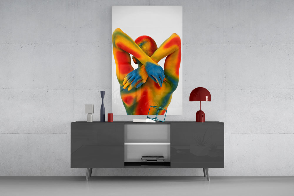 Body-art editorial cinematic glass wall art in light-filled atelier