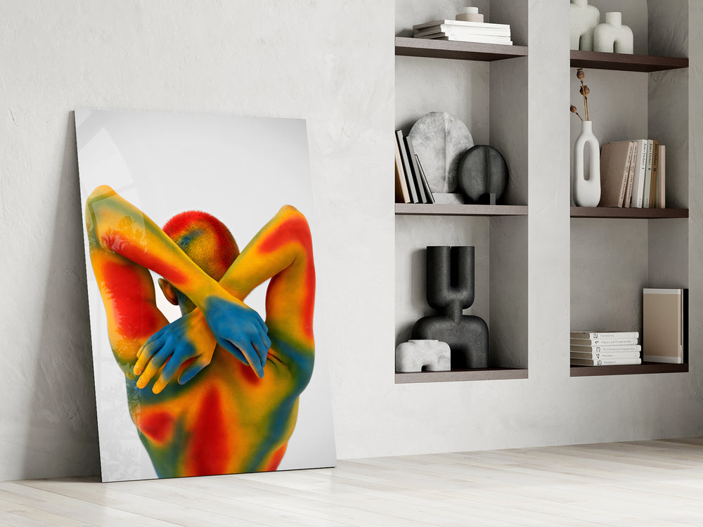 Rainbow body-paint cinematic glass wall art in private library reading nook