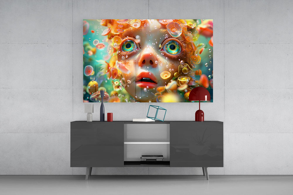 Digital fantasy cinematic glass wall art in light-filled atelier