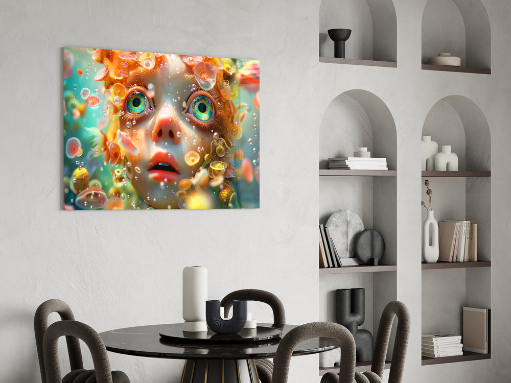 Heterochromatic child cinematic glass wall art over modern dining sideboard