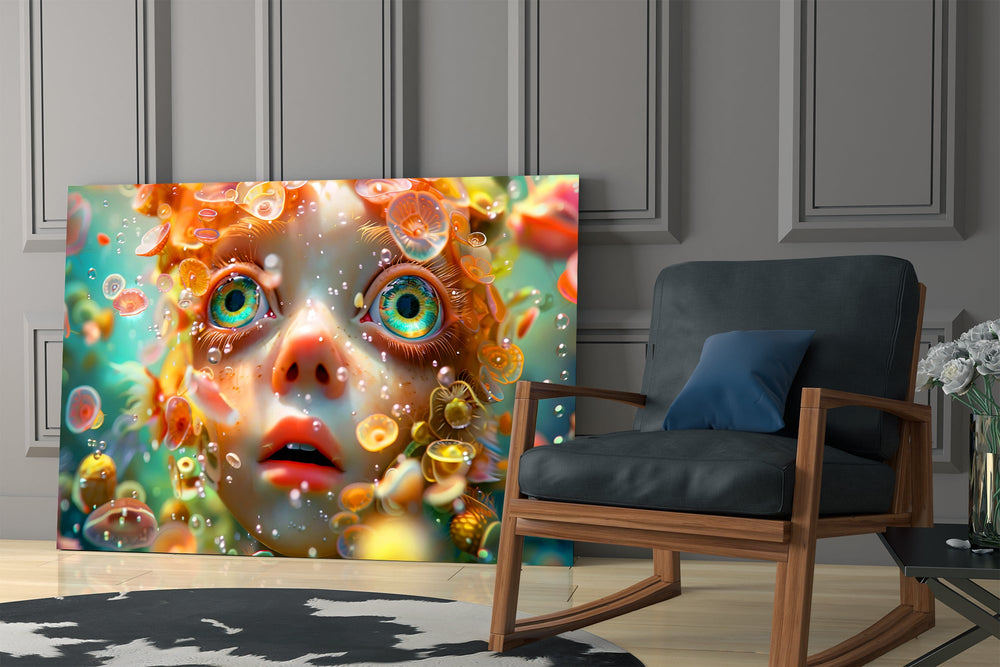 Outsider-art portrait cinematic glass wall art in private library reading nook