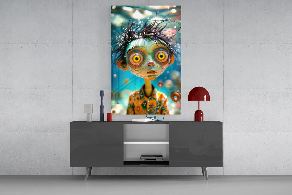 Digital fantasy cinematic glass wall art in light-filled atelier