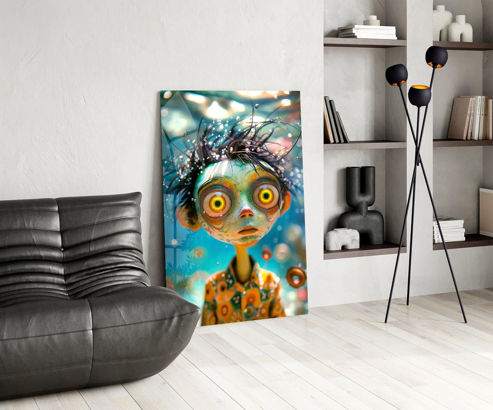 Saffron-eye boy cinematic glass wall art over modern dining sideboard