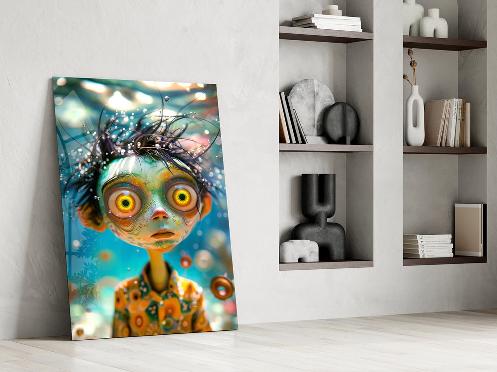 Outsider-art portrait cinematic glass wall art in private library reading nook