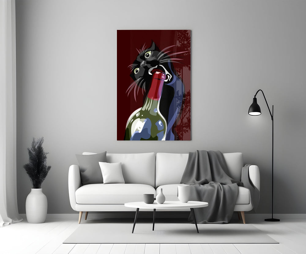 Mischievous Wine Cat Glass Wall Art