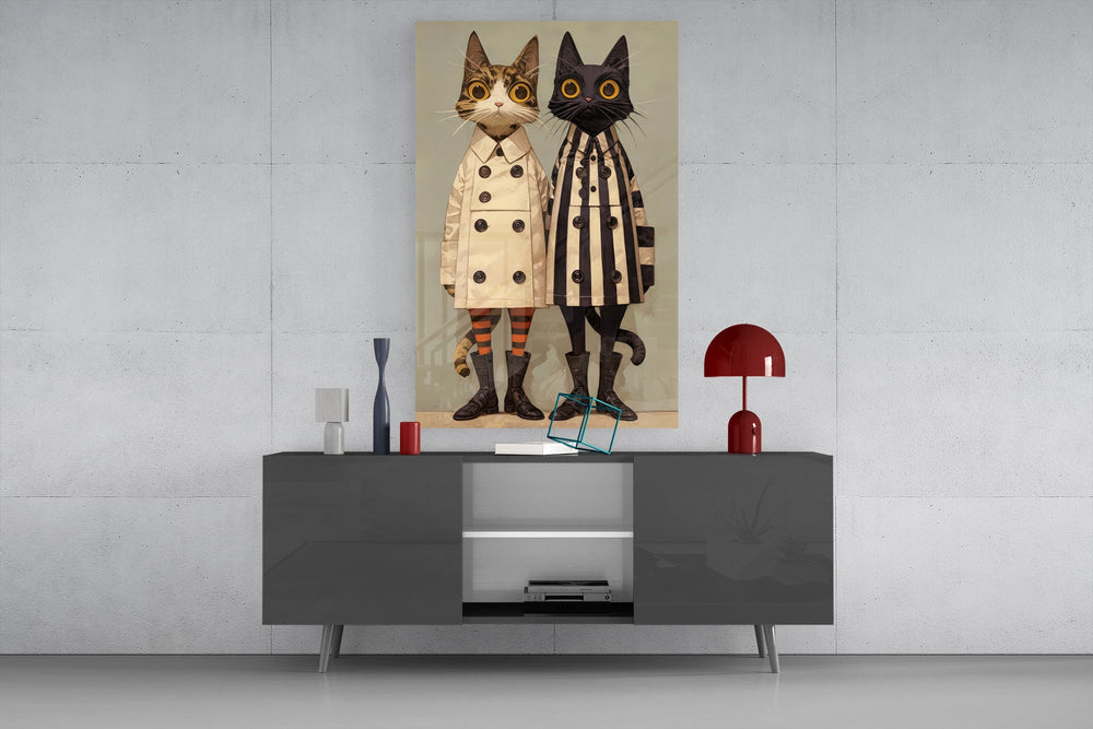 Anthropomorphic couture cinematic glass wall art in light-filled atelier