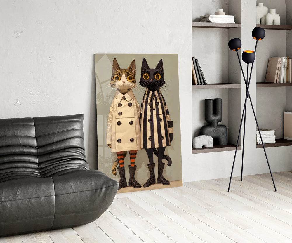 Saucer-eyed cats cinematic glass wall art over modern dining sideboard