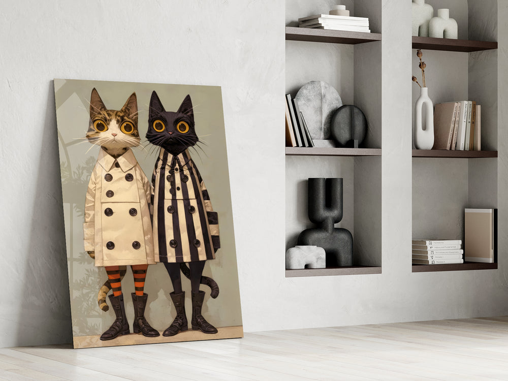 Edward-Gorey illustration cinematic glass wall art in private library reading nook