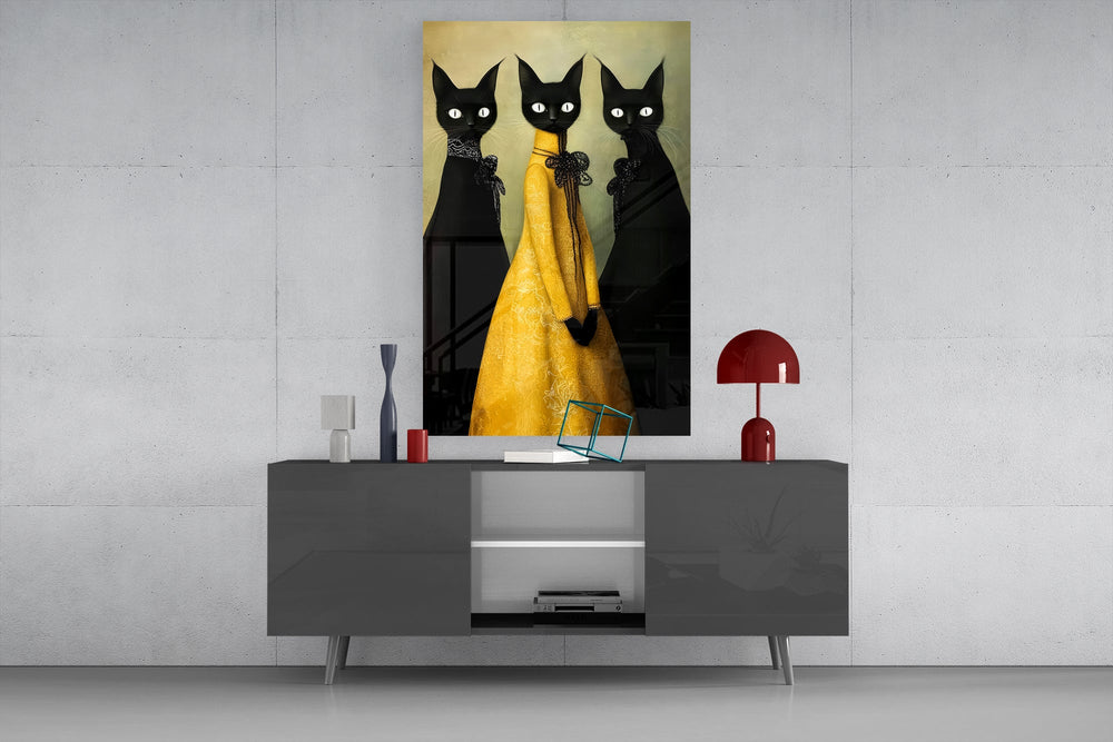 Anthropomorphic fashion cinematic glass wall art in light-filled atelier
