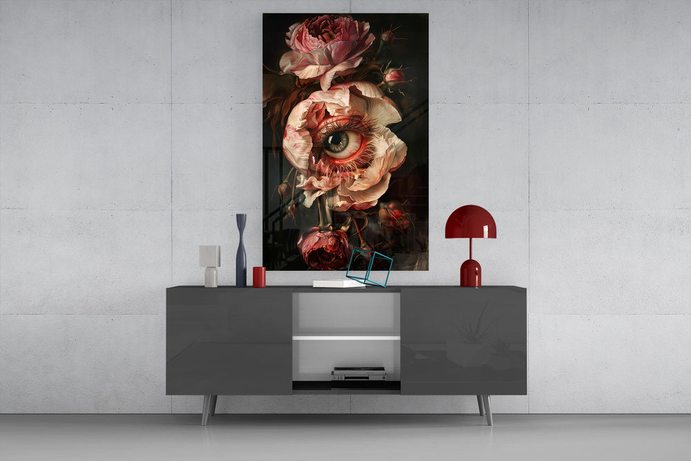 Dark-Renaissance cinematic glass wall art in light-filled atelier