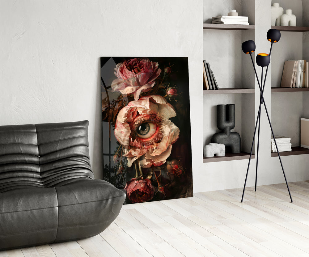 Burgundy bouquet cinematic glass wall art over modern dining sideboard