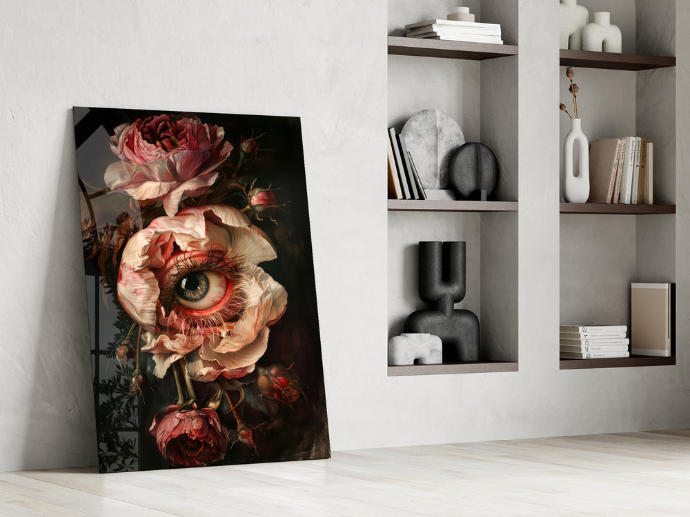 Old-Master surrealism cinematic glass wall art in private library reading nook