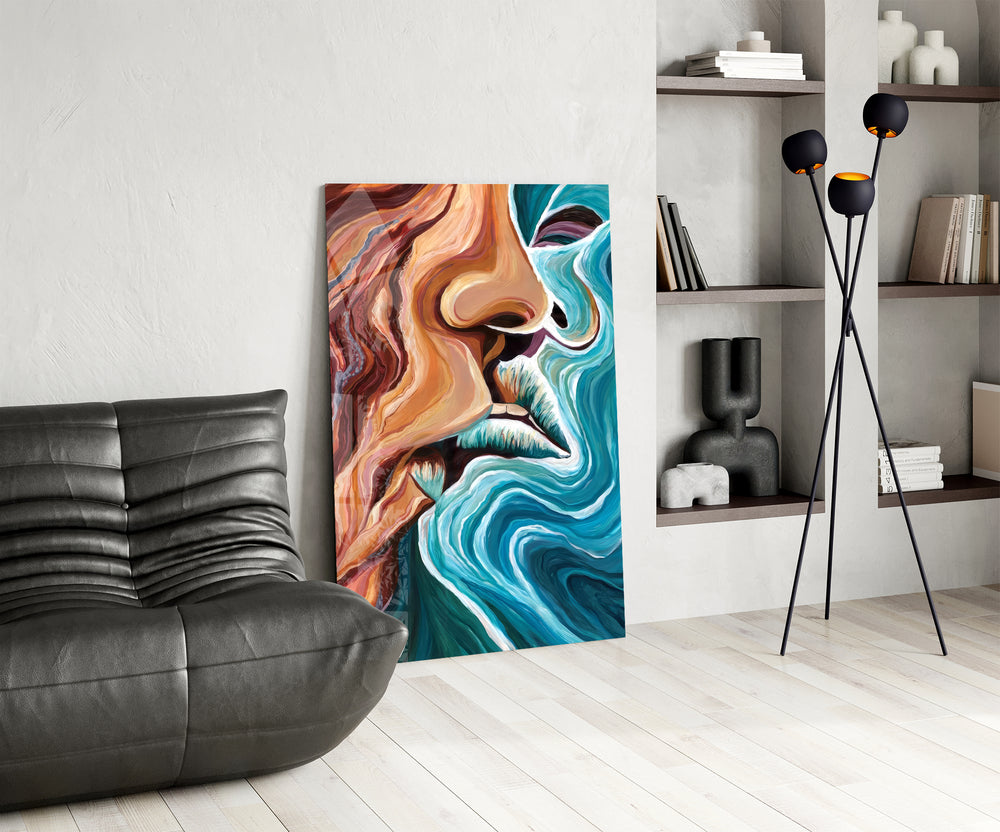 Copper-and-cobalt waves cinematic glass wall art over modern dining sideboard