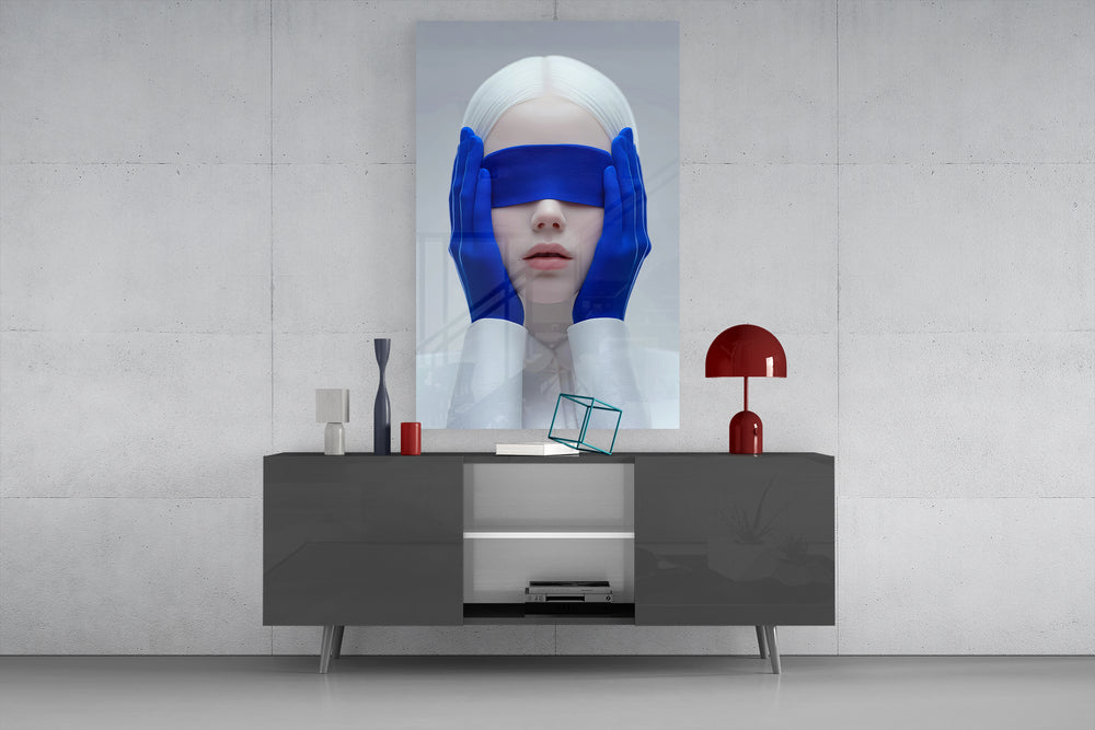 Klein-Blue muse cinematic glass wall art in light-filled atelier