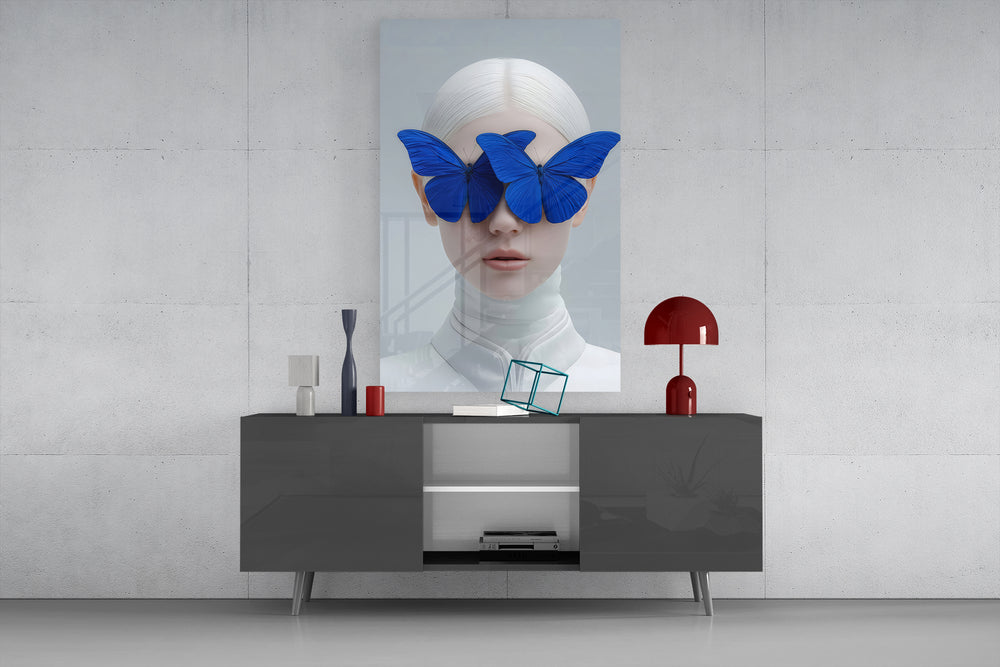 Klein-Blue muse cinematic glass wall art in light-filled atelier
