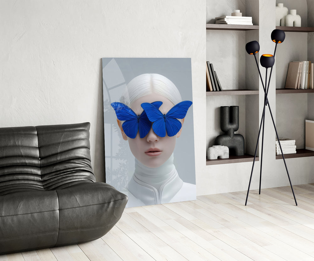 Conceptual butterfly cinematic glass wall art over modern dining sideboard