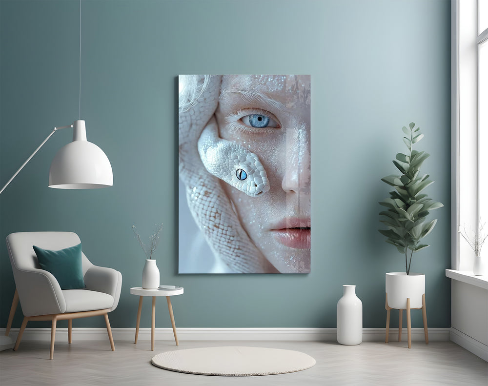 Stoic Medusa cinematic glass wall art in boutique-hotel suite