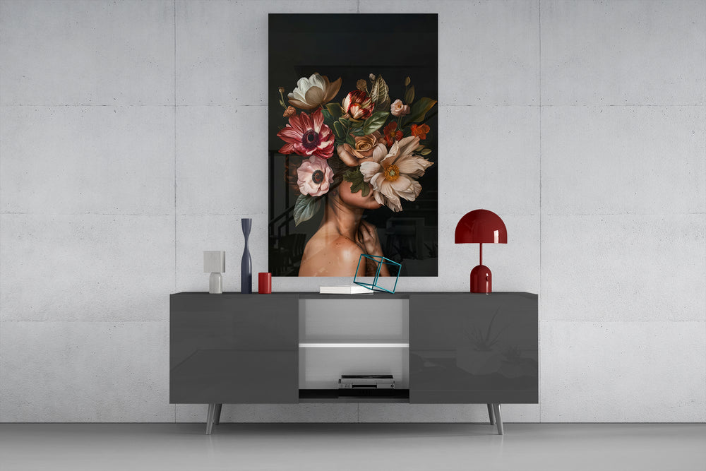 Painterly bouquet cinematic glass wall art in light-filled atelier